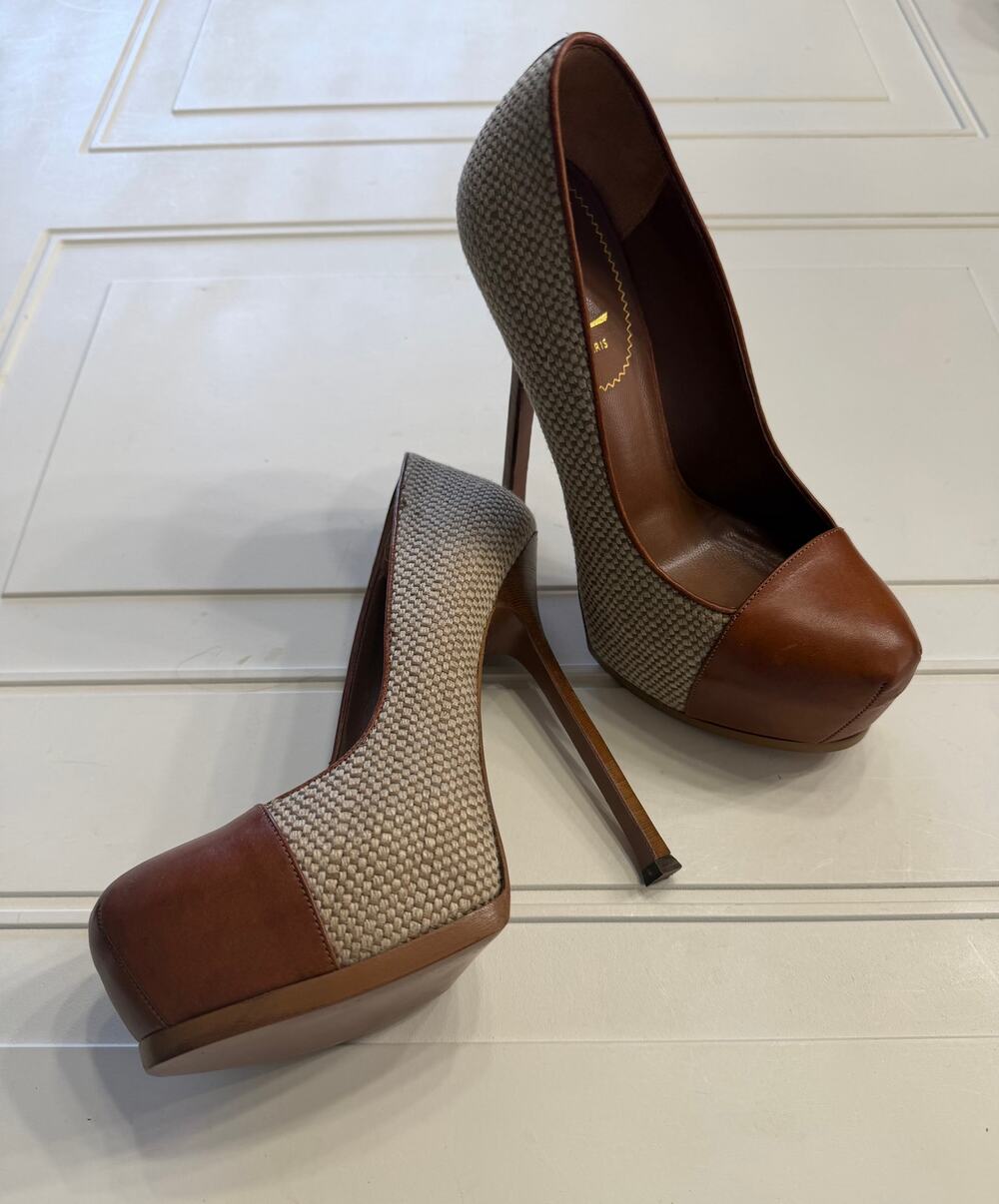 YSL Yves Saint Laurent Womens Sz 38 Tribtoo Canvas Brown Leather Heels Pumps